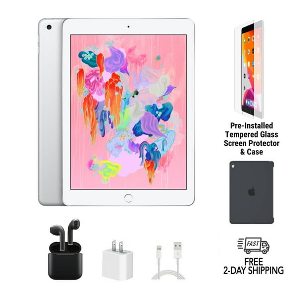 Pre-Owned Apple iPad 6th Gen A1893 (WiFi) 128GB Silver Bundle with Case, Wireless Earbuds, Tempered Glass Screen Protector