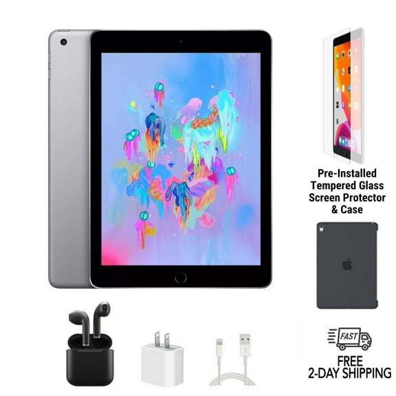 Pre-Owned Apple iPad 6th Gen A1893 (WiFi) 32GB Space Gray Bundle with Case, Wireless Earbuds, Tempered Glass Screen Protector