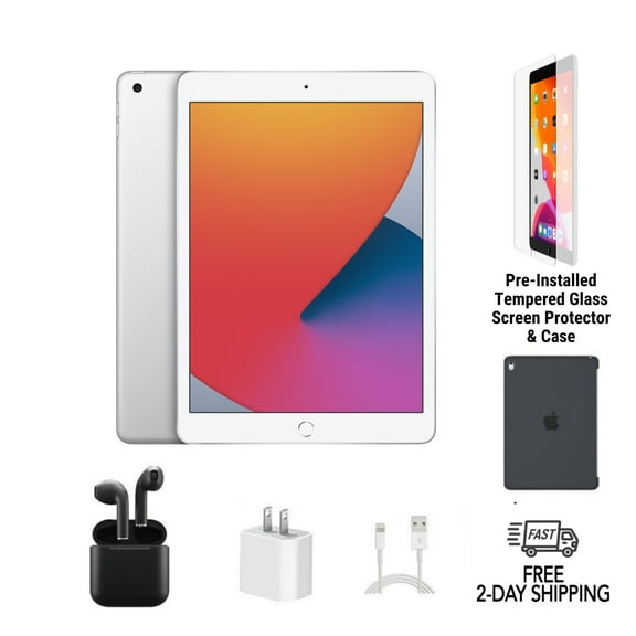 Pre-Owned Apple iPad 8th Gen A2270 (WiFi) 128GB Silver Bundle with Case, Wireless Earbuds, Tempered Glass Screen Protector