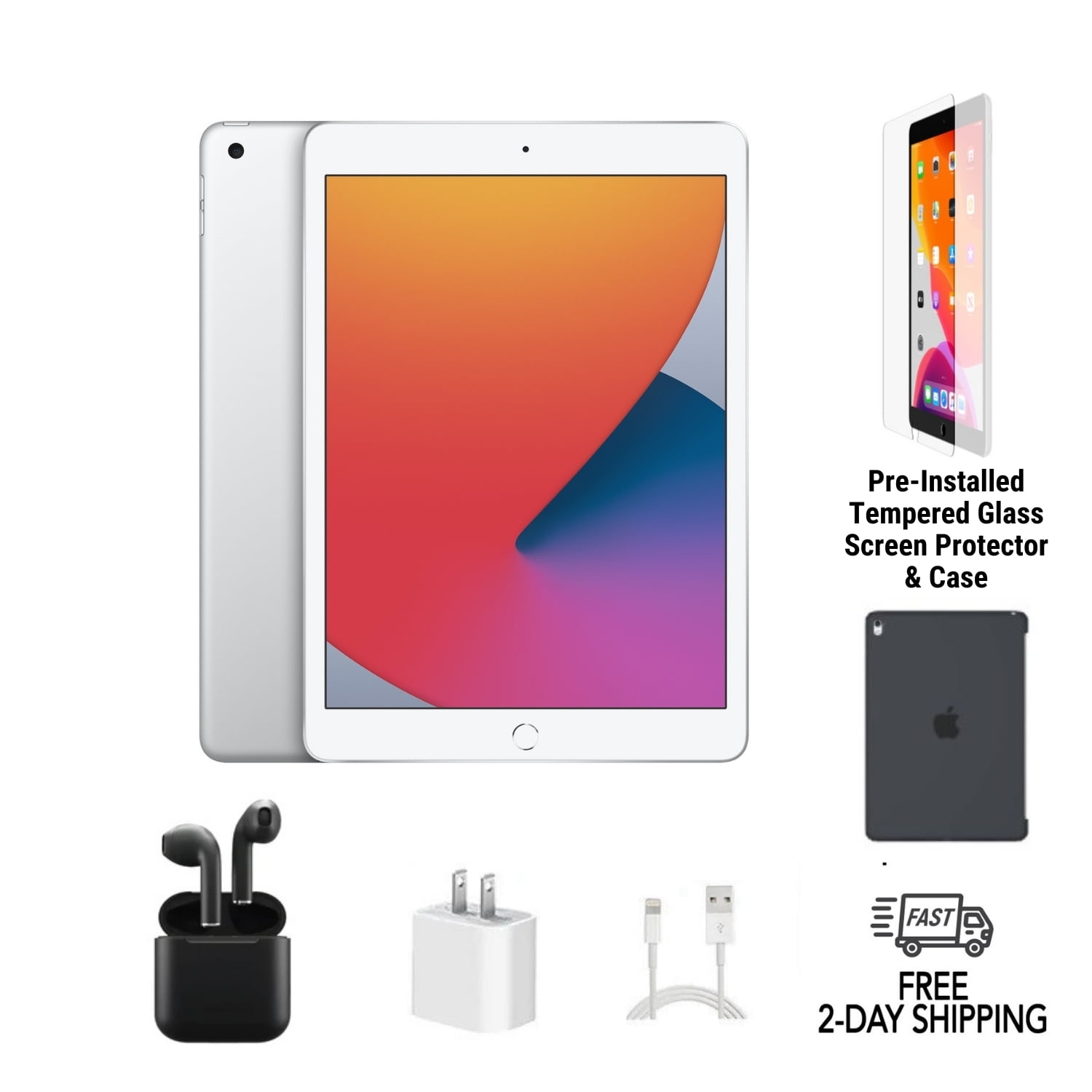 Pre-Owned Apple iPad 8th Gen A2270 (WiFi) 32GB Silver Bundle with Case, Wireless Earbuds, Tempered Glass Screen Protector