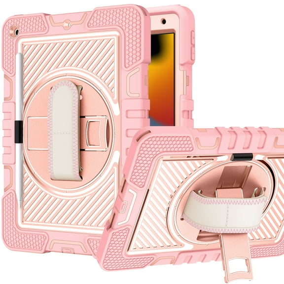 For Apple iPad 9th 10.2 inch Hybrid 3in1 Multi-Functional Shockproof Tablet Case with Hand, Shoulder Strap, Pencil & Stand Holder Case Cover [Rose Gold]
