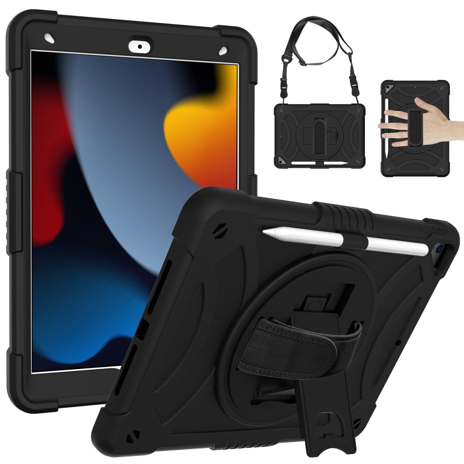 For Apple iPad 9th /8th /7th Gen 10.2 inch 3-in-1 Tough Hybrid Shockproof Protector Silicone TPU with Pencil Holder, Kickstand, Hand & Shoulder Strap Case Cover [Black]