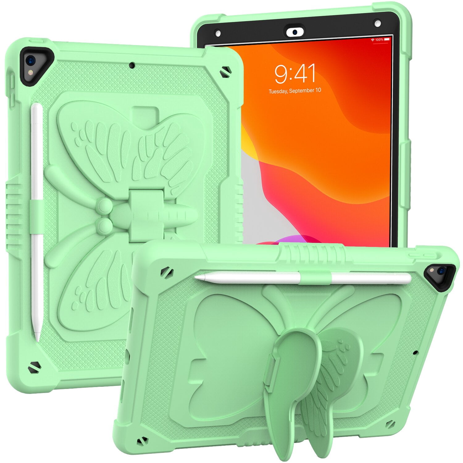 For Apple iPad 9th /8th /7th Gen 10.2 inch Butterfly Wings Kickstand 3in1 Tough Hybrid with Pencil Holder Heavy Duty Rugged Shockproof Full Protective Case Cover [Green]