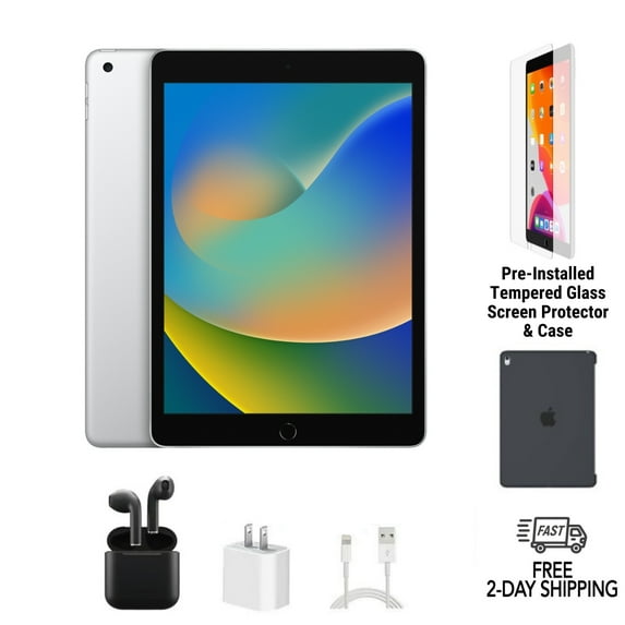 Pre-Owned Apple iPad 9th Gen A2603 (WiFi + Cellular Unlocked) 256GB Silver Bundle with Case, Wireless Earbuds, Tempered Glass Screen Protector