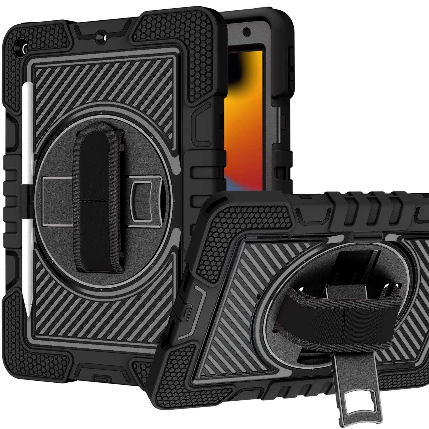 For Apple iPad (A16) 2025 /iPad 10th Gen 10.9 Hybrid 3in1 Multi-Functional Shockproof Tablet Case with Hand, Shoulder Strap, Pencil & Stand Holder Case Cover [Black]