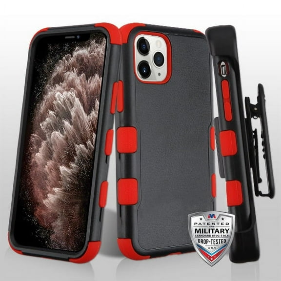 Apple iPhone 11 PRO MAX Phone Case Hybrid Armor HOLSTER [Three Layers] Kickstand [Carrying Belt Swivel Clip Holster] Drop-Proof Rubber TPU Rugged Protective BLACK RED Cover for iPhone 11 Pro Max
