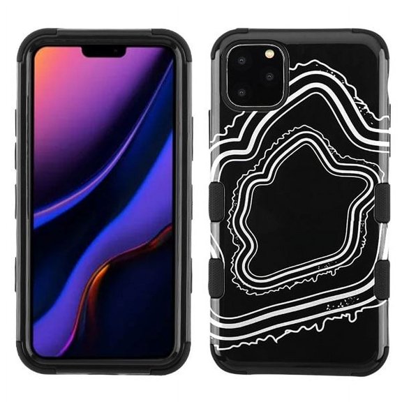 Apple iPhone 11 PRO MAX Phone Case Hybrid Shockproof Impact Armor Rubber Three Layers Rugged Hard PC Soft Protective Shock Absorbent Frame TPU Cover Black Silver Agate Stripe for iPhone 11 Pro Max