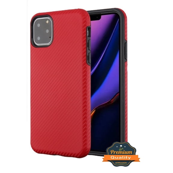 Apple iPhone 11 PRO MAX Phone Case Premium Slim Protective Shockproof Textured Armor Hybrid Dual Layers Rubber Rugged Hard PC + Soft TPU Carbon Fiber RED Case Cover for Apple iPhone 11 Pro Max