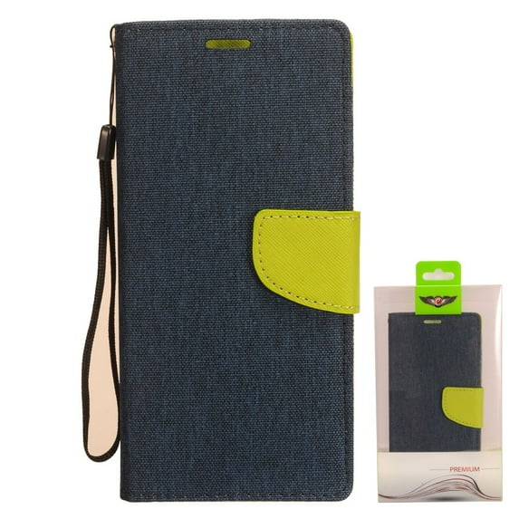 Apple iPhone 11 PRO MAX Wallet Case Premium Canvas Pu Leather Denim Pocket Slim Folio Cover Flip Stand with Credit Card Holder Slot & Lanyard Strap BLUE GREEN Cover for Apple iPhone 11 Pro Max / 6.5"