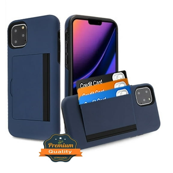 Apple iPhone 11 PRO MAX Wallet Phone Case Protective Cover with 3 Cedit Cards ID Holder Slots [Slim] Heavy Duty Shockproof Hybrid Rubber Hard PC + TPU Armor NAVY Case Cover for iPhone 11 Pro Max