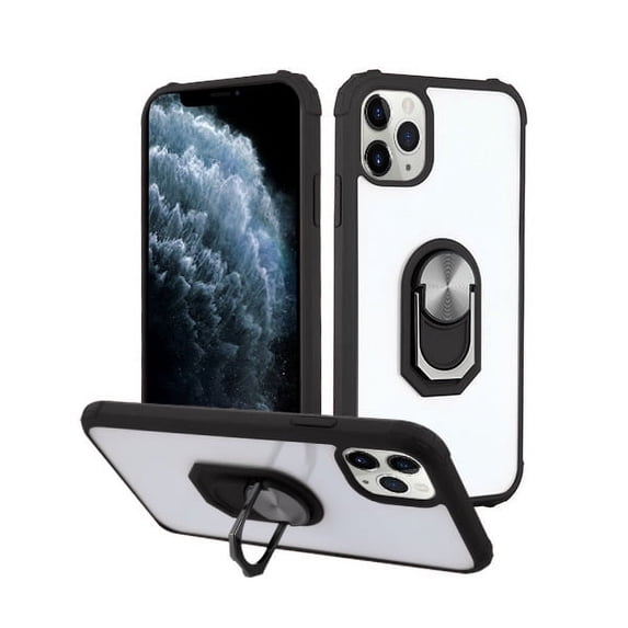 Apple iPhone 11 PRO Phone Case Clear Crystal Hybrid Shock Drop Proof Impact Resist Durable TPU Rubber with 360° Rotation Ring Kickstand (Fit Magnetic Car Mount) Cover BLACK for Apple iPhone 11 Pro