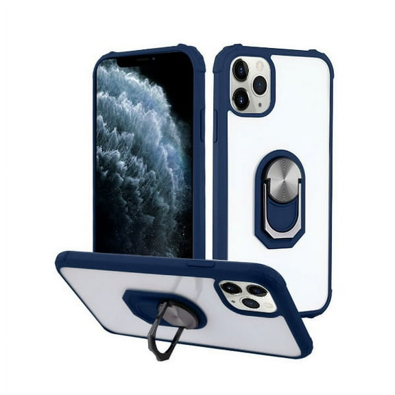 Apple iPhone 11 PRO Phone Case Clear Crystal Hybrid Shock Drop Proof Impact Resist Durable TPU Rubber with 360 Rotation Ring Kickstand (Fit Magnetic Car Mount) Cover BLUE for Apple iPhone 11 Pro