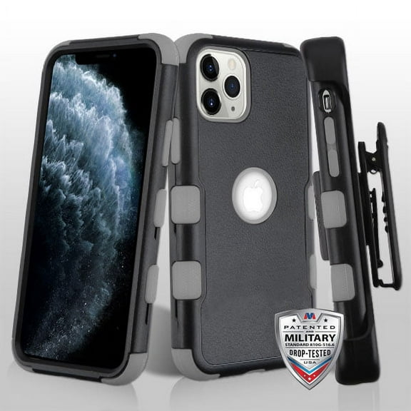 Apple iPhone 11 PRO Phone Case Hybrid Armor HOLSTER [Three Layers] Kickstand [Carrying Belt Swivel Clip] Drop-Proof Rubber Silicone TPU Rugged Protective BLACK GRAY Cover for Apple iPhone 11 Pro