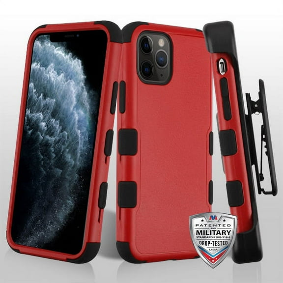 Apple iPhone 11 PRO Phone Case Hybrid Armor HOLSTER [Three Layers] Kickstand [Carrying Belt Swivel Clip Holster] Drop-Proof Rubber Silicone TPU Rugged Protective RED Cover for Apple iPhone 11 Pro