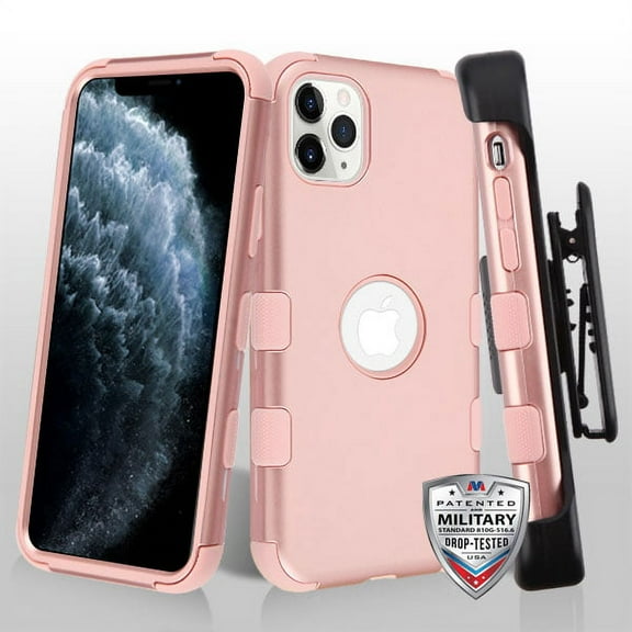 Apple iPhone 11 PRO Phone Case Hybrid Armor HOLSTER [Three Layers] Kickstand [Carrying Belt Swivel Clip] Protective Drop-Proof Rubber Silicone TPU Rugged Rose Gold Cover for Apple iPhone 11 Pro