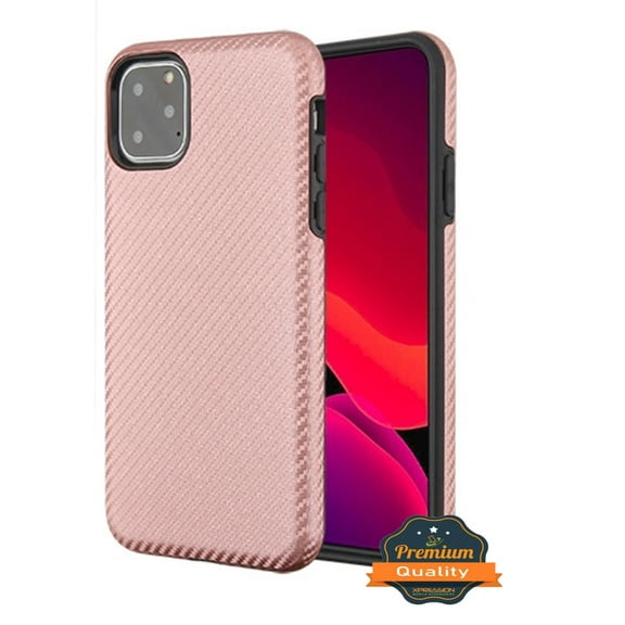 Apple iPhone 11 PRO Phone Case Premium Slim Protective Shockproof Textured Armor Hybrid Dual Layers Rubber Rugged Hard PC + Soft TPU Carbon Fiber ROSE GOLD Case Cover for Apple iPhone 11 Pro