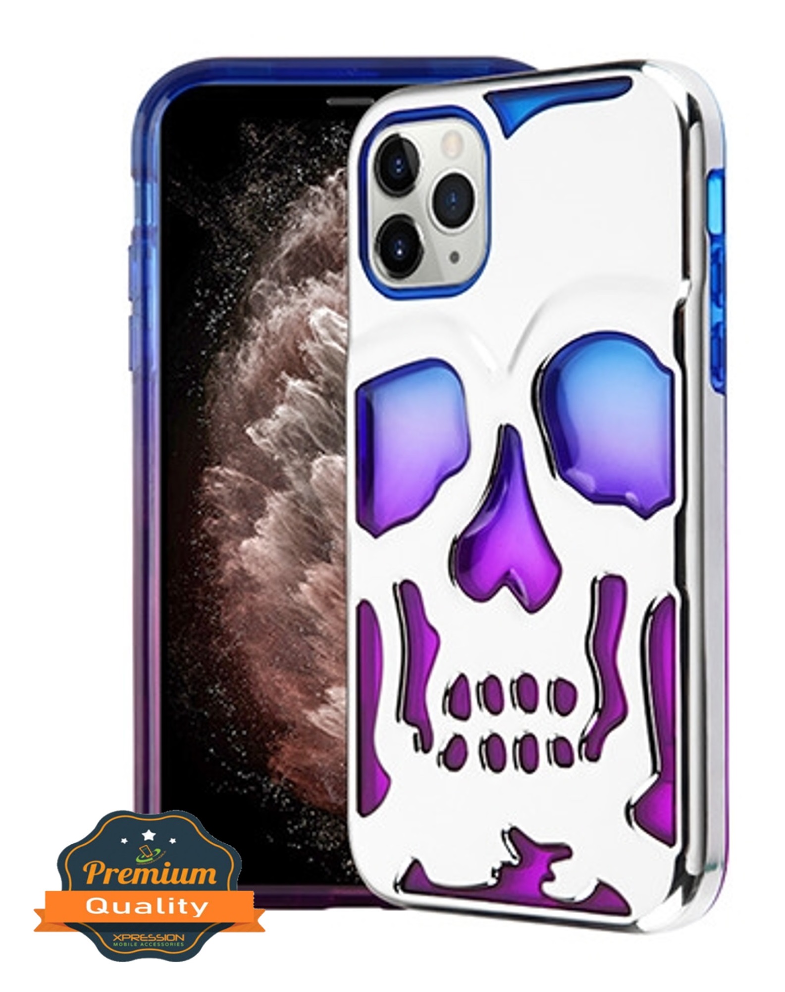 Apple iPhone 11 PRO Phone Case Tuff Hybrid Skeleton Shockproof Armor Impact Rubber Dual Layer Hard Soft TPU Rugged Protective Cover SKULL Blue Purple Silver Plating Phone Cover for Apple iPhone 11 Pro - image 1 of 5