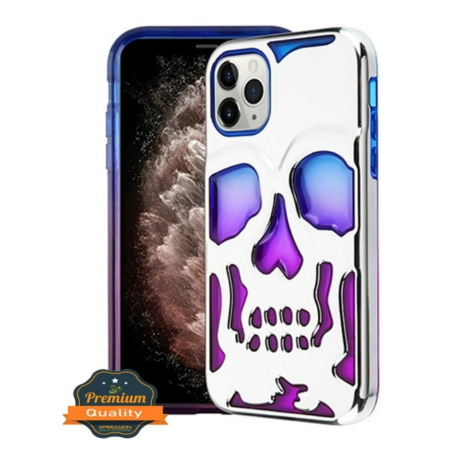 Apple iPhone 11 PRO Phone Case Tuff Hybrid Skeleton Shockproof Armor Impact Rubber Dual Layer Hard Soft TPU Rugged Protective Cover SKULL Blue Purple Silver Plating Phone Cover for Apple iPhone 11 Pro