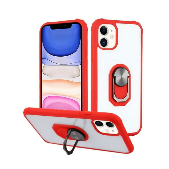 Apple iPhone 11 Phone Case Clear Crystal Hybrid Shock Drop Proof Impact Resist Extreme Durable TPU Rubber with 360 Rotation Ring Kickstand (Fit Magnetic Car Mount) Cover RED for Apple iPhone 11