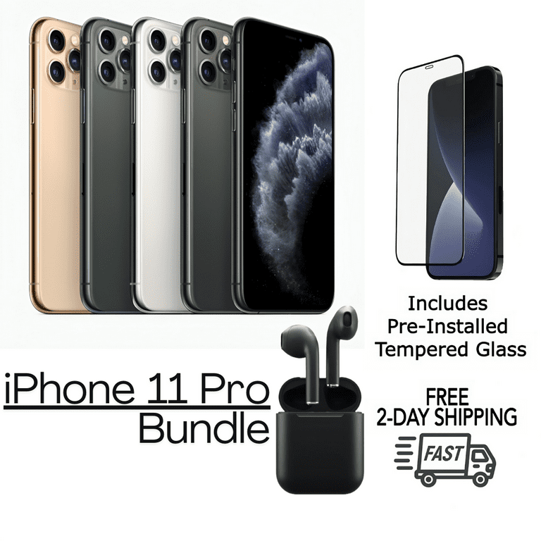 Pre Owned Apple iPhone 11 Pro A2160 Fully Unlocked 64GB Silver Bundle with Tempered Glass Earbuds