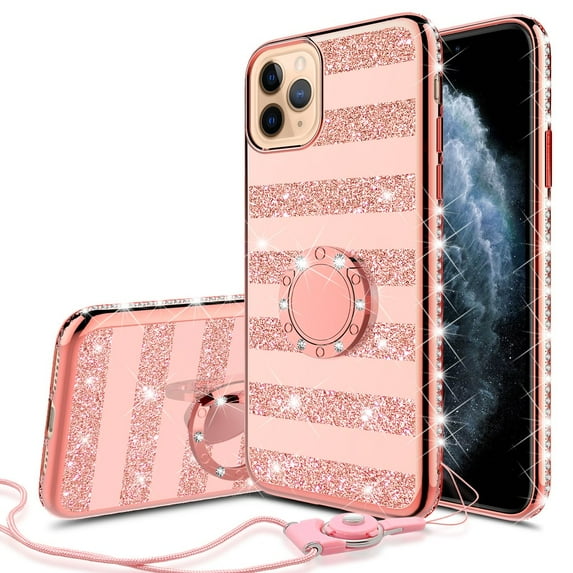 Apple iPhone 11 Pro Max 6.5inch Case Glitter Cute Ring Kickstand Pink Clear Shock Proof Protective Phone Case - Rose Gold Stripe