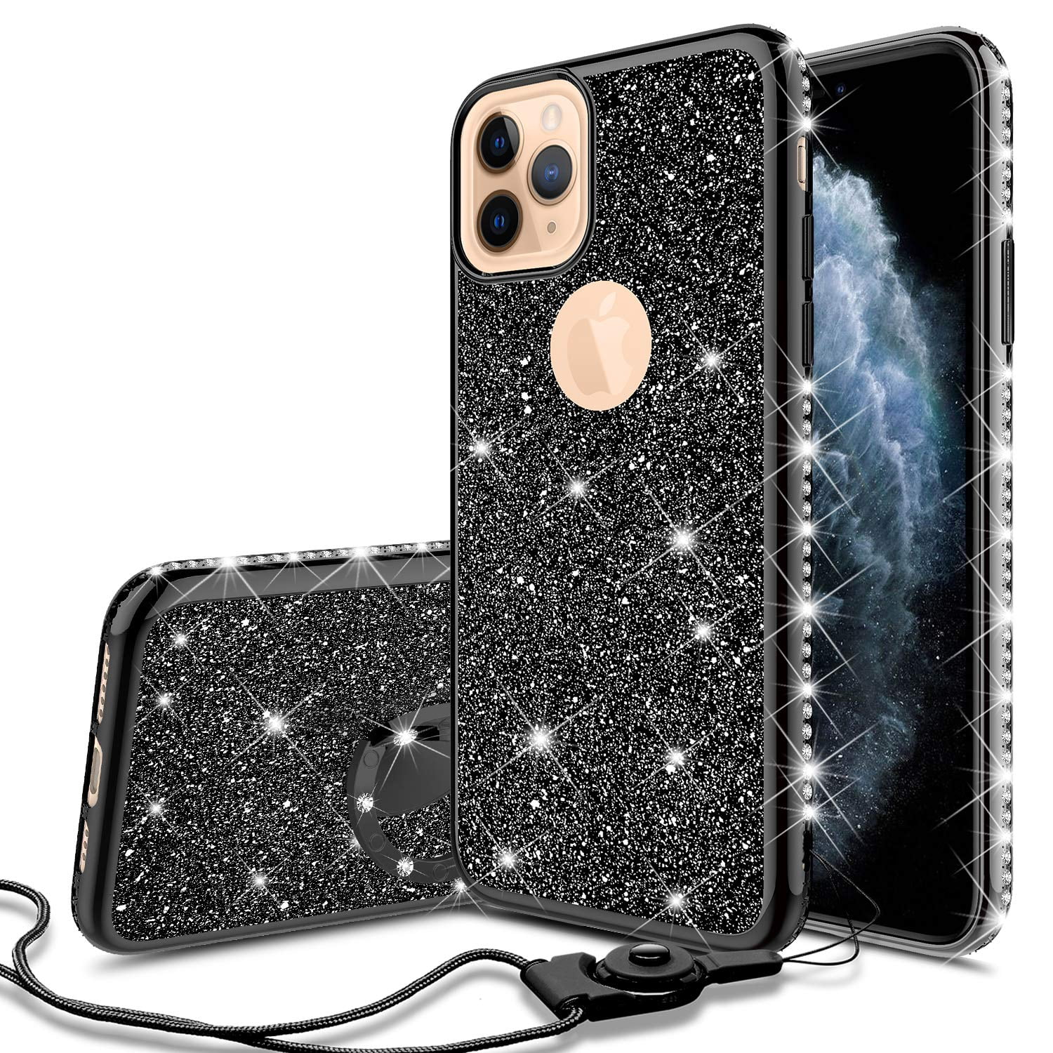 Apple iPhone 11 Pro Max Case for Girl Women, Glitter Cute Girly Ring Kickstand Diamond Rhinestone Bumper Clear Shock Proof Protective Phone Case iPhone 11 Pro Max 6.5inch - Black