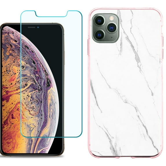 For Apple iPhone 11 Pro Max Case , Slim-Fit TPU Protective Phone Case (Pink Bezel) with Tempered Glass Screen Protector, by OneToughShield ® - Marble / White