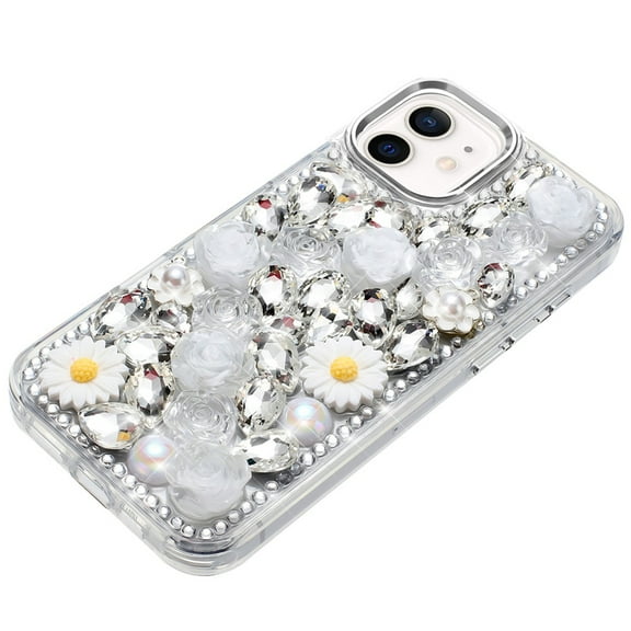 For Apple iPhone 12 /12 Pro Case, Fashion Daisy Floral Series, Full 3D Bling Crystal Diamonds Sparkling Rhinestone Glitter Hybrid Design Phone Cover (Silver)