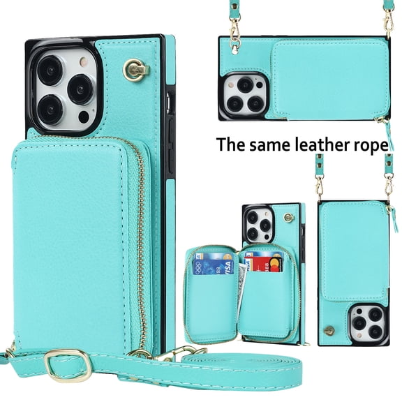 Apple iPhone 12, iPhone 12 Pro Crossbody Wallet Case, Zipper Pocket Case Cross Body Strap with RFID Blocking Carring Bag Credit Card Premium Leather Kickstand Case For iPhone 12/12 Pro, Green