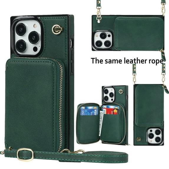 Apple iPhone 12, iPhone 12 Pro Crossbody Wallet Case, Zipper Pocket Case Cross Body Strap with RFID Blocking Carring Bag Credit Card Premium Leather Kickstand Case For iPhone 12/12 Pro, Darkgreen