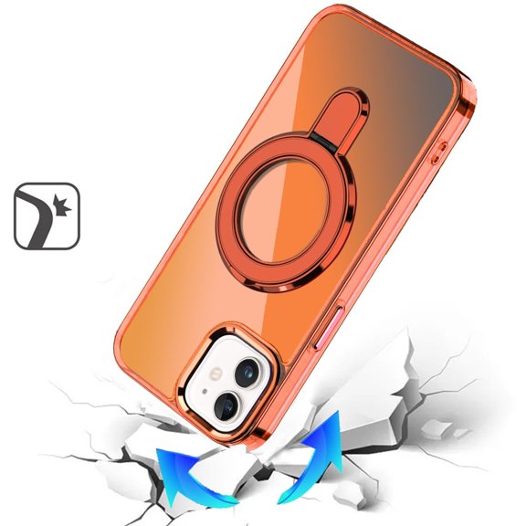 For Apple iPhone 12 /12 Pro Phone Case, Chrome Hybrid with Rotating Magnetic Circle Ring Stand, Slim Shockproof Hybrid Cover for iPhone 12 / iPhone 12 Pro (6.1") - Cosmic Orange