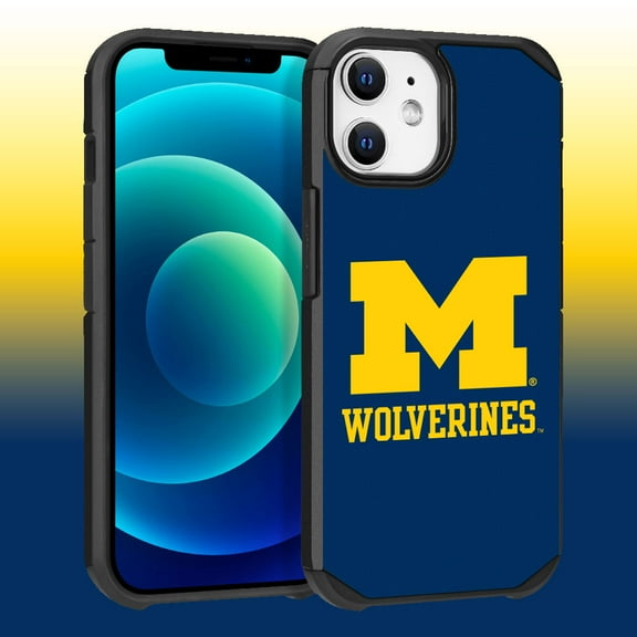 Apple iPhone 12 (6.1) / iPhone 12 Pro (6.1) - Licensed NCAA University of Michigan Wolverines Logo on Dark Blue Textured Dual Layer Case