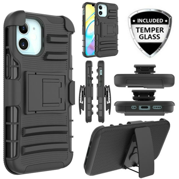 for Apple iPhone 12 MINI (5.4inch) with Temper Glass and Case Heavy Duty Shock Absorption Kickstand Armor Case with Belt Swivel Clip Holster Cover (Black)