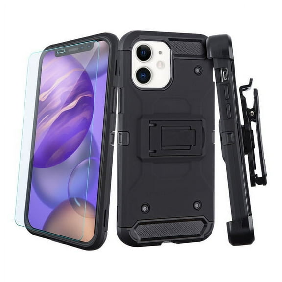 Apple iPhone 12 Mini /5.4" Shockproof Hybrid Heavy duty TPU Armor Holster Kickstand Glass Screen Protector BLACK Phone Cover for iPhone 12 MINI