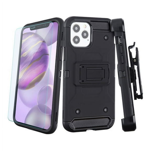 Apple iPhone 12 PRO MAX /6.7" Shockproof Hybrid Heavy duty Armor Holster Kickstand Glass Screen Protector BLACK Phone Cover for iPhone 12 Pro Max