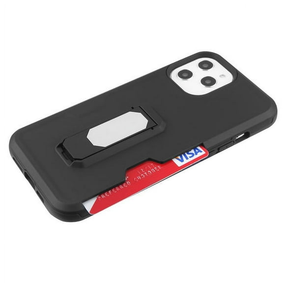 Apple iPhone 12 PRO MAX /6.7" Wallet Holster Stand Clip Hybrid Armor Rugged Credit Card Slot Holder Protective Shockproof BLACK Phone Cover For iPhone 12 Pro Max