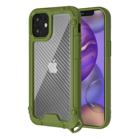 Apple iPhone 12 Pro, iPhone 12 /6.1" Phone Case Transparent Carbon Fiber Hybrid Armor Shockproof Rugged TPU Silicone Protective [CLEAR /GREEN] Cover for Apple iPhone 12 /12 Pro