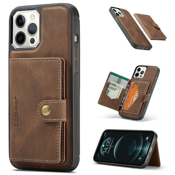 For Apple iPhone 12 Pro Max Case 5G, Wallet with Detachable Magnetic Card Pockets,fit Car Mount, 2 in 1 Durable PU Leather Money Card Sleeve Kickstand Shockproof Protection Back Flip Cover - Brown