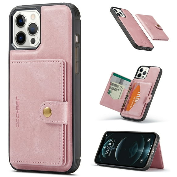 For Apple iPhone 12 Pro Max Case 5G, Wallet with Detachable Magnetic Card Pockets,fit Car Mount, 2 in 1 Durable PU Leather Money Card Sleeve Kickstand Shockproof Protection Back Flip Cover - Pink