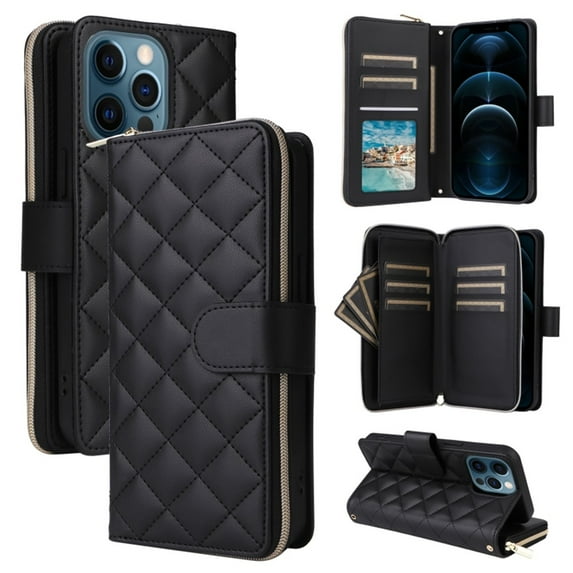 For Apple iPhone 12 Pro Max Wallet Case Magnetic Flip Cover 9-Card Slots Zipper Pocket With Detachable Shoulder Strap And Wrist Strap,Black,For iPhone 12 Pro Max