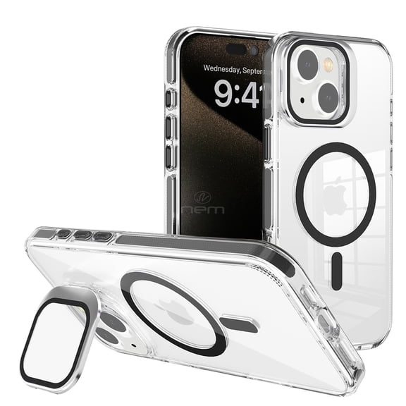 For Apple iPhone 12 Pro / iPhone 12 Impact Crystal Clear Transparent Camera Lens Protect Kickstand Magsafe Wireless Charge Shockproof Protective Hybrid Case Cover Black