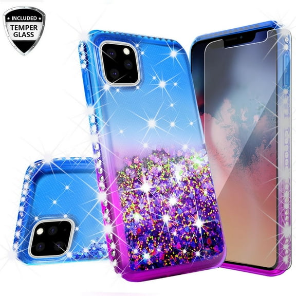 Apple iPhone 12 / iPhone 12 Pro Case, Liquid Glitter Phone Case for Girls Women with Tempered Glass Screen Protector - Purple/Blue