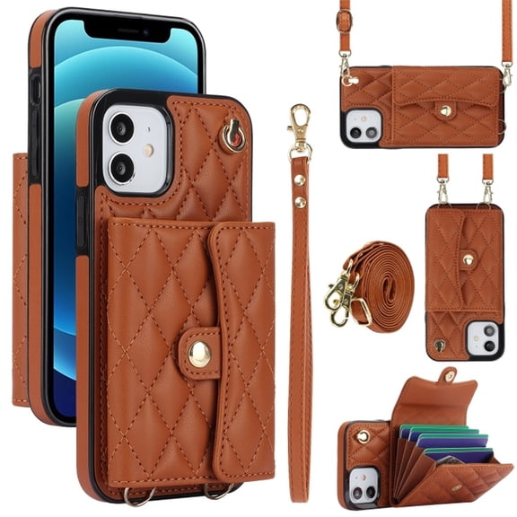 For Apple iPhone 12 mini RFID Blocking Protective Purse Wallet Case Magnetic Flip Cover Multi-Card Slots Pocket With Detachable Shoulder Strap And Wrist Strap,Brown,For iPhone 12 mini