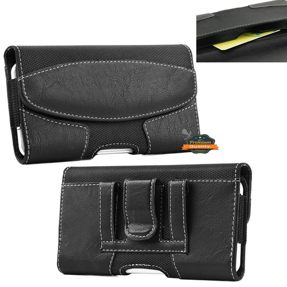 For Apple iPhone 13/ 13 Pro Horizontal Universal Pouch Case PU Leather Cell Phone Holster with Belt Clip and Card Slot Pocket Cover (Size 5.5") - Black
