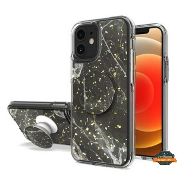 For Apple iPhone 13 (6.1") Elegant Pattern Design Glitter Hybrid Cases with Ring Stand Pop Up Finger Holder Kickstand Phone Cover by Xpression [Marble Gray]