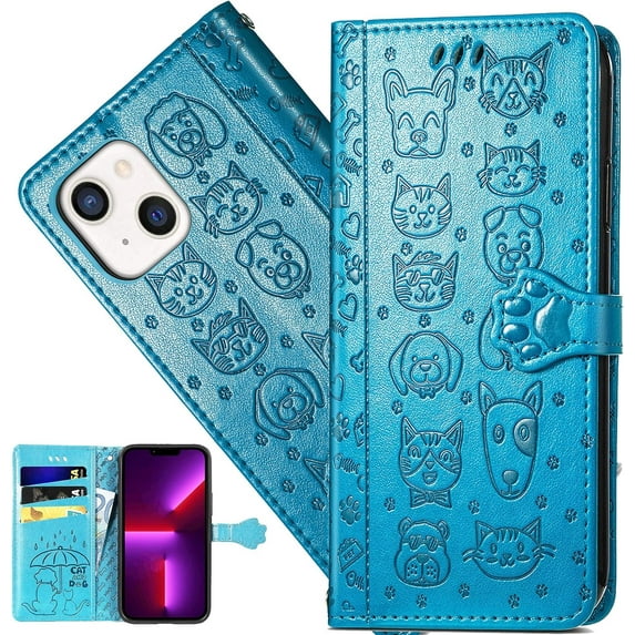 for Apple iPhone 13 (6.1 Inch) Cartoon Cute Wallet Case,Cat Dog Style Flip Phone Cover with ID Card Holder PU Leather Cases for Apple iPhone 13 MG Blue