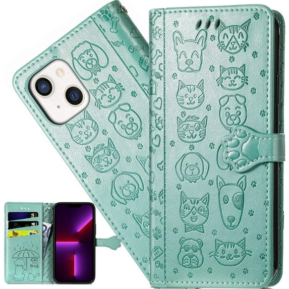 for Apple iPhone 13 (6.1 Inch) Cartoon Cute Wallet Case,Cat Dog Style Flip Phone Cover with ID Card Holder PU Leather Cases for Apple iPhone 13 MG Green
