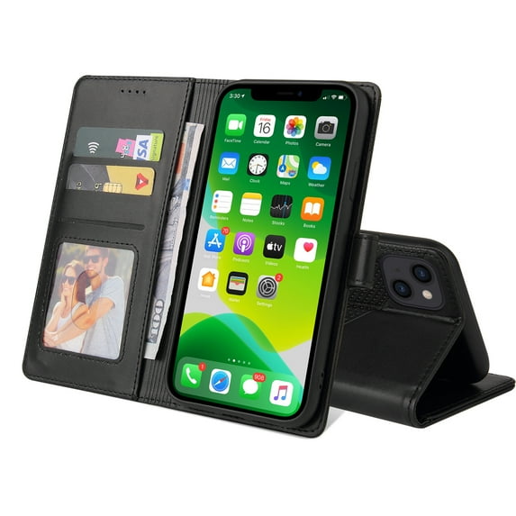 For Apple iPhone 13 (6.1") Wallet Case,PU Leather Magnetic Closure Folio Flip Phone Case with Card Cash Pocket Kickstand Shockproof Protective Case For iPhone 13,Black