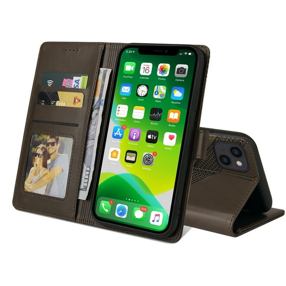 For Apple iPhone 13 (6.1") Wallet Case,PU Leather Magnetic Closure Folio Flip Phone Case with Card Cash Pocket Kickstand Shockproof Protective Case For iPhone 13,Brown