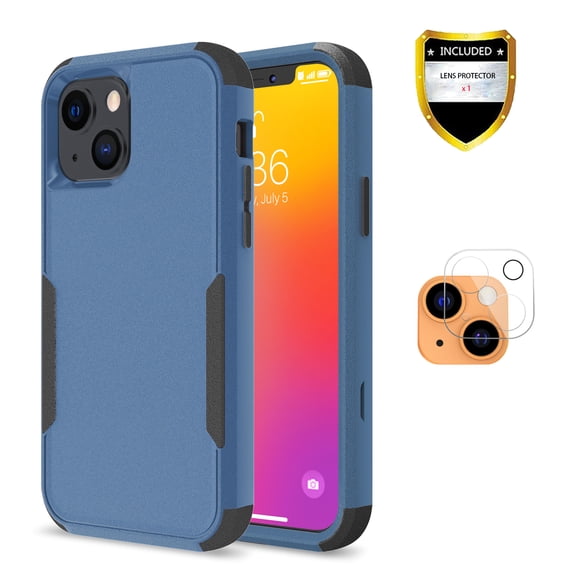 Apple iPhone 13 Case + Camera Lens Protector , Rugged Rubber Durable 3 in 1 Cover , Phone Case for Girl Men Women Cute (Blue+Black)